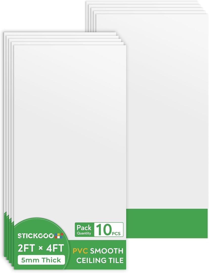 STICKGOO Drop Ceiling Tiles 2ft x 4ft, White Soomth Ceiling Tile 24 x 48in, Waterproof - Fire-Rated to Prevent Breakage Cover 80 Sq. Ft, Pack of 10 PVC Tiles