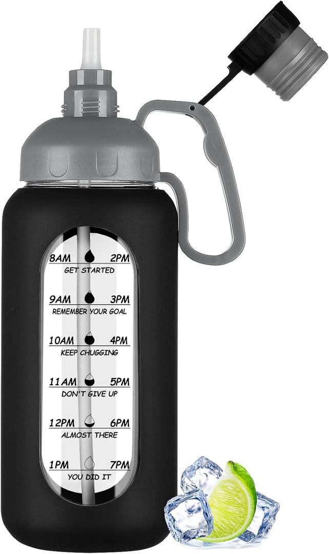 MUKOKO 64oz Glass Water Bottles with Straw, Half Gallon Water Jug with Time Marker, Sports Large Motivational Bottle with Silicone Sleeve, Black