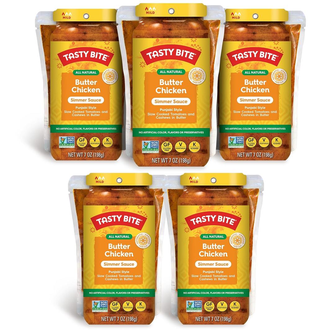 Tasty Bite Punjabi Style Butter Chicken Simmer Sauce, 7-Ounce 5-Pack, 3-4 Servings, Vegetarian, Tomatoes & Cashews in Butter, Best By Mar 31, 2026
