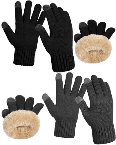 Shihanee 2 Pairs Winter Fleece Lined Gloves for Men Warm Thick Gloves with Touchscreen for Cold Weather Thermal Supplies(Black,Dark Gray)
