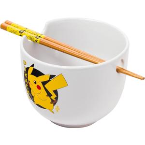 Silver Buffalo Pokemon Pikachu Ceramic Ramen Noodle Rice Bowl with Chopsticks, Microwave Safe, 20 Ounces