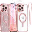 Meifigno for iPhone 15 Pro Case 6.1", [Glitter Card & Wrist Strap] [Compatible with MagSafe] [2X Screen Protectors] Surround Raised Camera Lens Protection for 15 Pro Case, Rose Gold