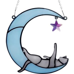 Cat Moon Star Gift for Cat Lovers, Women, Moms, Girls  Cute Acrylic Window Hanging Ornament  Thoughtful Memorial, Sympathy & Remembrance Gift  Blue