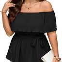 SCOMCHIC Plus Size Off The Shoulder Peplum Tops for Women Summer Ruffle Hem Blouse Chiffon Babydoll Top (Black, XXXL)