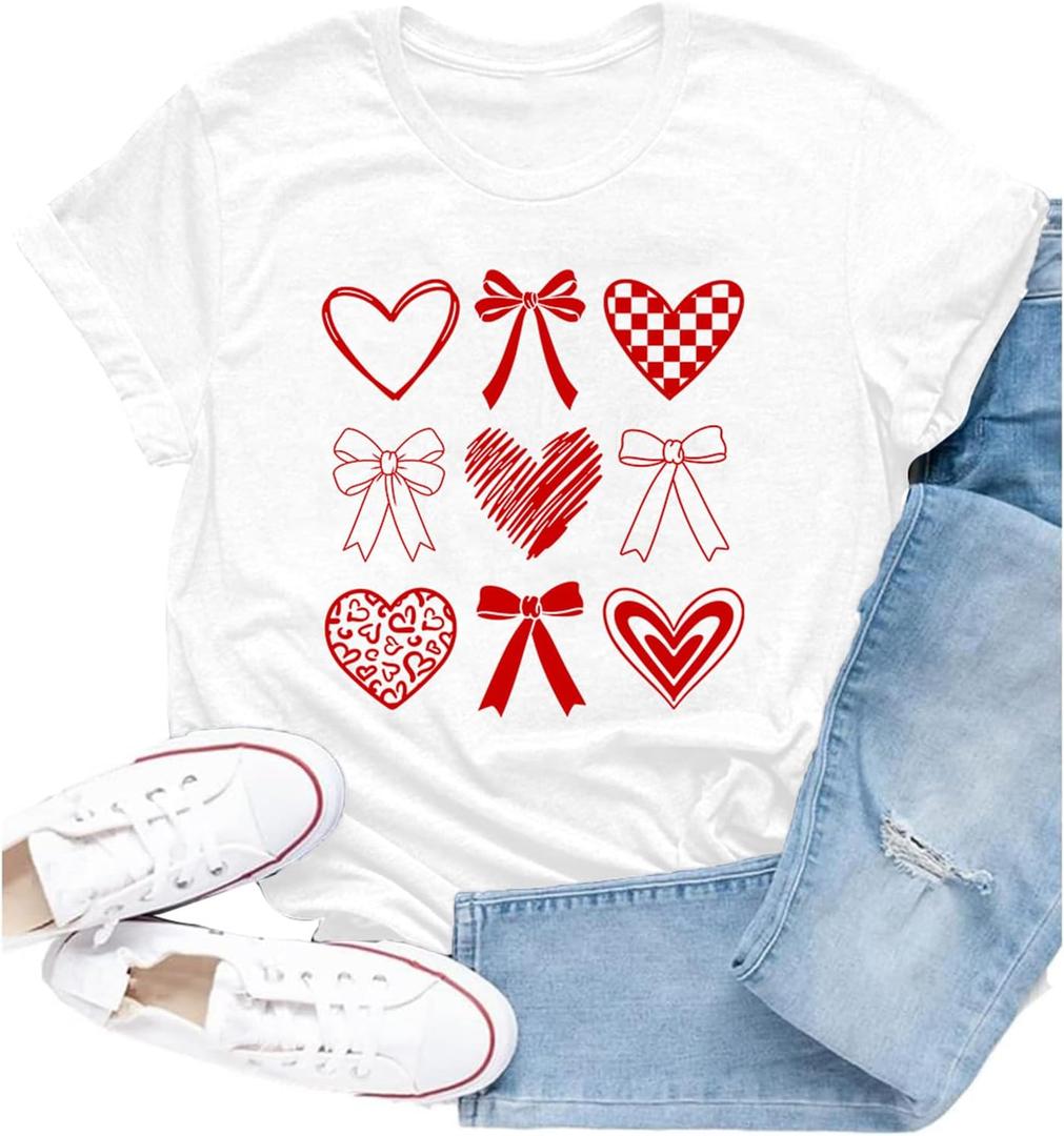 Valentines Shirt for Women Romantic Love Heart Bow T-Shirts Valentine Day Lover Tee Tops (White, L)