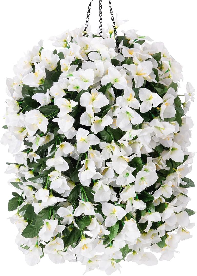 INSPRING Artificial Bougainvillea Faux Flowers Plants Baskets for Outdoor Outside Decoration, 3PCS Fake Silk Flowers Long Trailing Vines UV Resistant Realistic for Front Door Porch Patio (White)