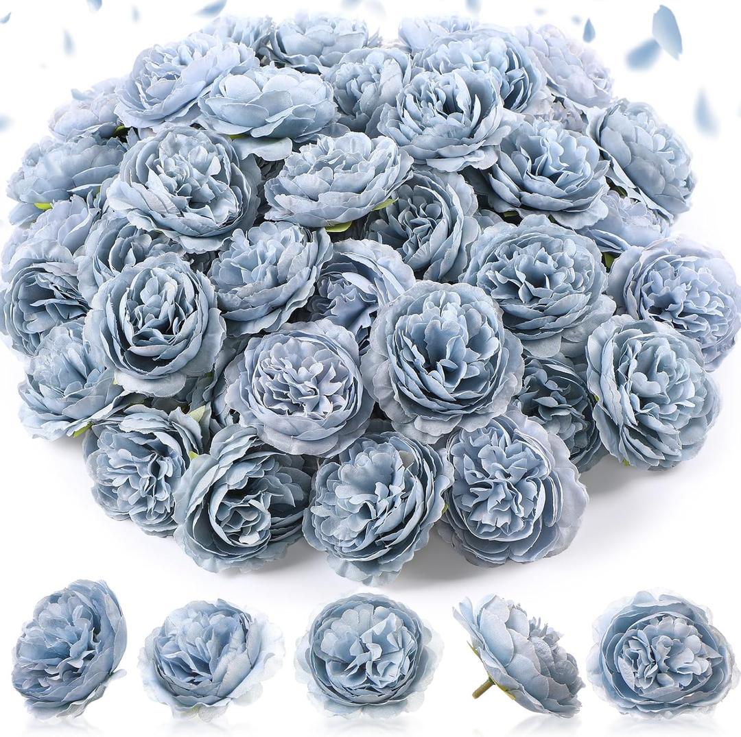 50 Pcs Artificial Flowers, 3.2 Inches Silk Rose Head Flowers Fake No Stem for Wedding Bridal Bouquet Home Floral Decor DIY Centerpieces Arrangements Party Tables Decorations (Dusty Blue)
