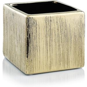WGV Ceramic Cube Vase Width 5.5" Height 5" (Fits 5" Pot) Elegant Modern Block Square Floral Planter Terrarium Container Table Dresser for Event Accent Home Office Decor Gold Textured 1 Piece