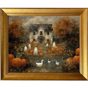 Rustic Halloween Picture Wall Decor Vintage Gold Framed Haunted Mansion Halloween Canvas Wall Art Ghosts Print Fall Wall Decor Farmhouse Autumn Landscape Pumpkin Painting, 20"L x 16"W