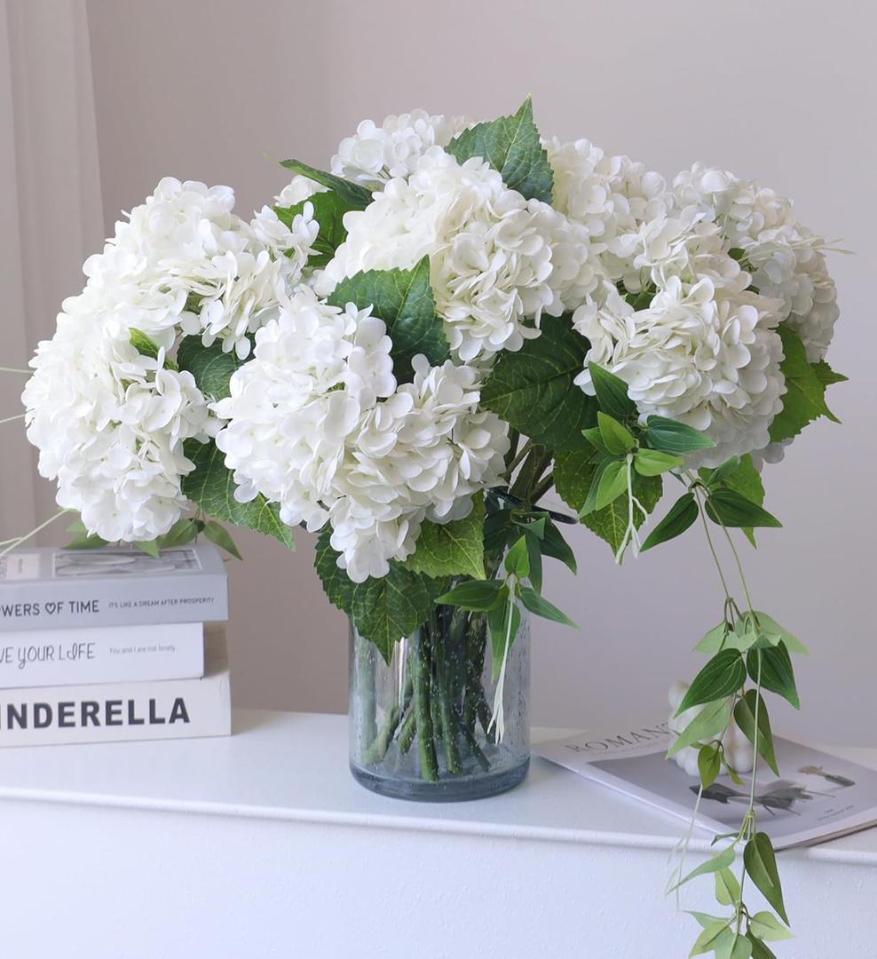 Buart 3PCS Long Stem Big Size Flowers Artificial Silk Hydrangea Lifelike Flowers Real Touch White Artificial Flowers Wedding Shower Bride Bouquets Office Living Room Table Decorations (21 Inch)