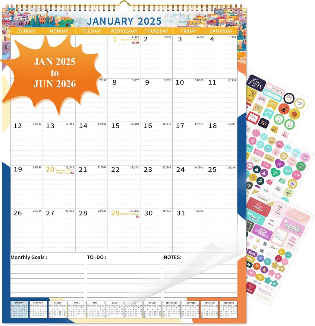 2025 Wall Calendar (17"x22") with Lines, Monthly Desk Calendar from Jan 2025 to Jun 2026, Vertical Large Monthly Family Calendar 2025 for Wall, Calendario 2025 (Big Scenery)