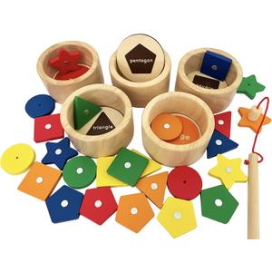 Dailyfunn Montessori Toy Wooden Sorting Cup&Fishing Game 2-in-1 Colors Shapes Sorting Matching Learning Toys for Toddlers 1-3 Year Old