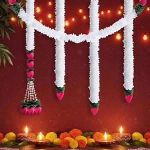 5 Pc 184 Inch Total Diwali Decorations Artificial Jasmine Garlands Toran with Lotus Buds Traditional Indian Hanging Decoration for Pooja Diwali Wedding Housewarming(Fresh)