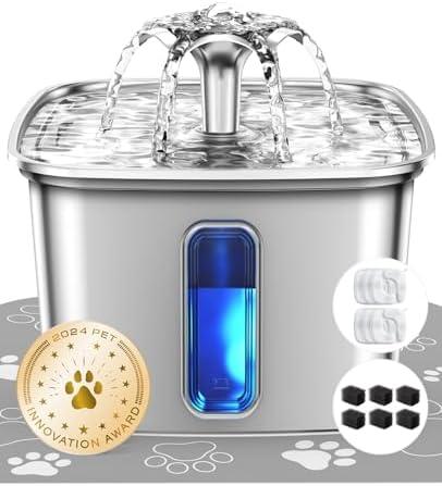 Veken Innovation Award Winner Stainless Steel Cat Water Fountain, 108oz/3.2L Automatic Pet Fountain Dog Water Dispenser with 6 Replacement Filters & Silicone Mat for Cats, Dogs, Multiple Pets (Silver), Set of 2