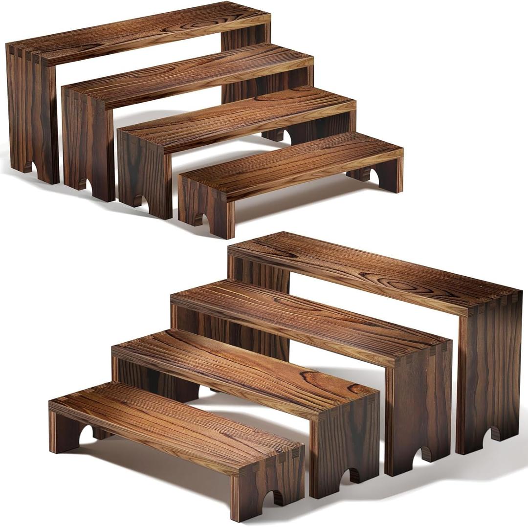2 Set wood tone Wooden Tiered Display Stands 4 Tier Stackable Pine Wood Display Risers, Suitable for Vendor Events, Cupcake Stands, cake stand Wooden Dessert Table Sets, Vendor Booth Displays,Cosmetic & pantry organizers and storage can organizer, Kitchen Spice Storage, Outdoor Party Food Displays display stands12-11.2-10.4-9.6IN