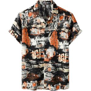 PARKLEES Men's Cotton Linen Vintage Pattern Printed Old Style Shirt Casual Short Sleeve Button Down Retro Shirts (X-Large, Black Orange)