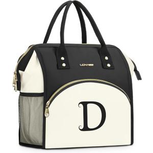 Personalized Lunch Bag for Women, Preppy Reusable Insulated Initials Lunch Box Gift for Friend Large Wide-Open Water Resistant Adult Cooler Tote Bag for Work, Travel, Picnic - Black D