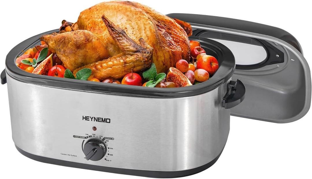 26Qt Turkey Roaster Oven Buffet with Self-Basting Lid, 1450W Electric Roaster Oven with Cool-Touch Handles, Stainless Steel Roaster Oven with Removable Pan and Rack, Silver