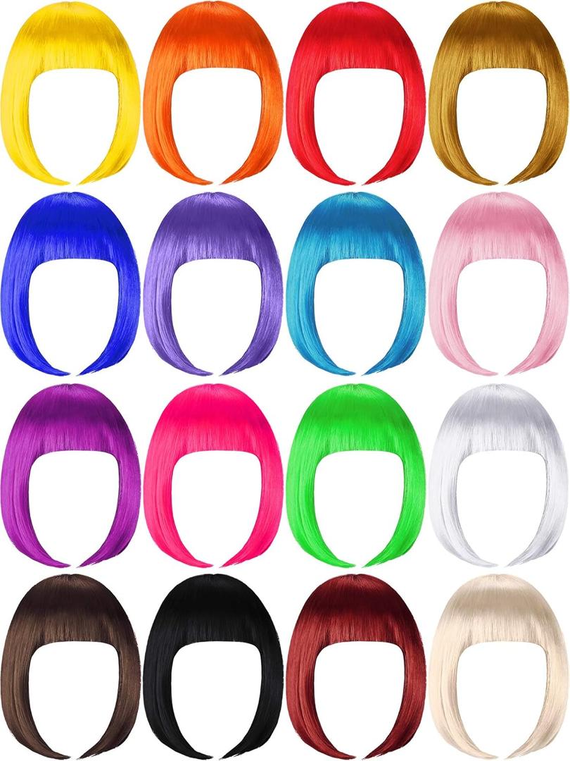 WILLBOND 16 Pieces Short Bob Wigs Halloween Cosplay Colorful Costume Wig Party Hairpiece Wig Straight Short Hair Wig for Women Cosplay Decoration