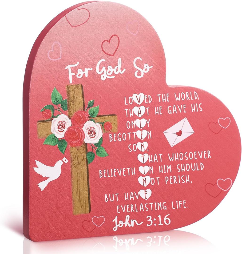 RattanView Valentine's Day Christian Wooden Heart Block John 3: 16 Bible Verses Wooden Love Sign 6'' Tabletop Shelf Decor for Farmhouse Valentines Party Tiered Trays Gift