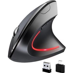 Bluetooth Ergonomic Mouse, 2.4GHz Wireless Mouse with 3 Adjustable DPI(1000/1200/1600), Optical Vertical Computer Mice with Type-C Adapter, 6 Silent Buttons for Laptop, Desktop, MacBook, Black