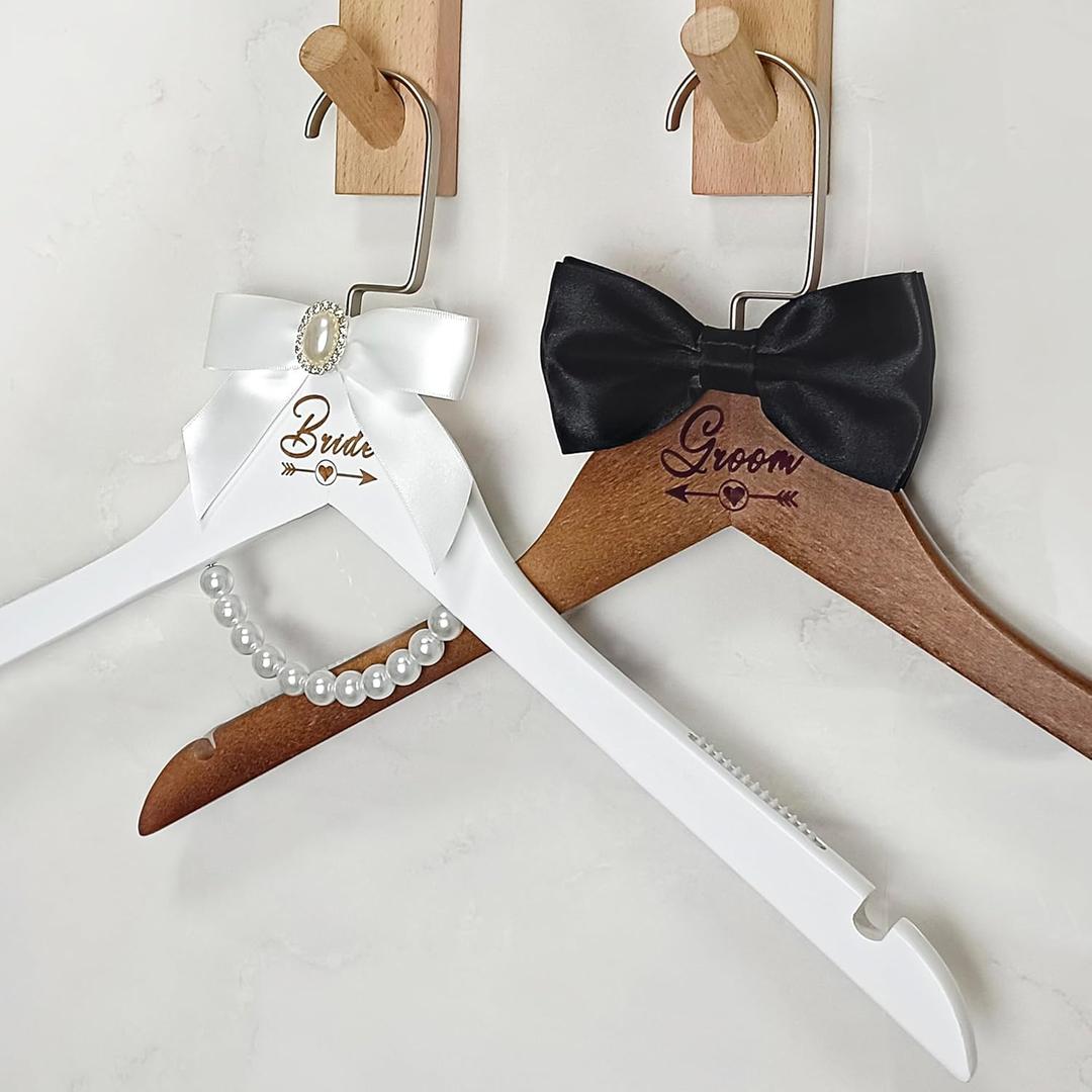 Pair of Bride Hanger Wooden Wedding Dress Non-Slip Pearl Hangers Groom Suit and Gown Hanger with Bow Tie Bridal Party Personalized Gift (Style 3)