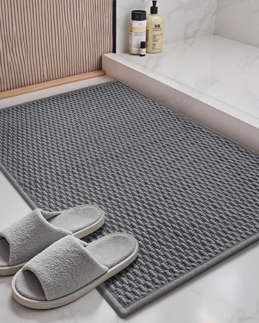 Color&Geometry Woven Chenille Bathroom Rugs Absorbent Non Slip, 17"x29" Dark Grey Bath Mat Washable, Bathroom Mat Quick Dry, Thin Bath Rugs Fit Under Door