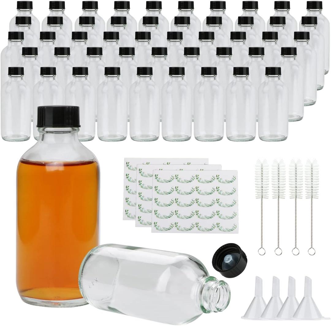 Small Clear Glass Bottles with Lids, 4 oz Glass Containers with Labels, Funnels and Brushes, Round Sample Bottles for Juice, Oils, Ginger Shots, Whiskey, Liquids, 50 Pack