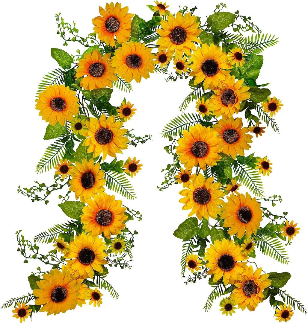 Winlyn 6' Long Artificial Sunflower Garland Hanging Sunflower Vine Greenery Garland with 49 Pcs Sunflower Heads for Fall Autumn Holiday Wedding Arch Home Mantel Doorway Table Backdrop Decoration