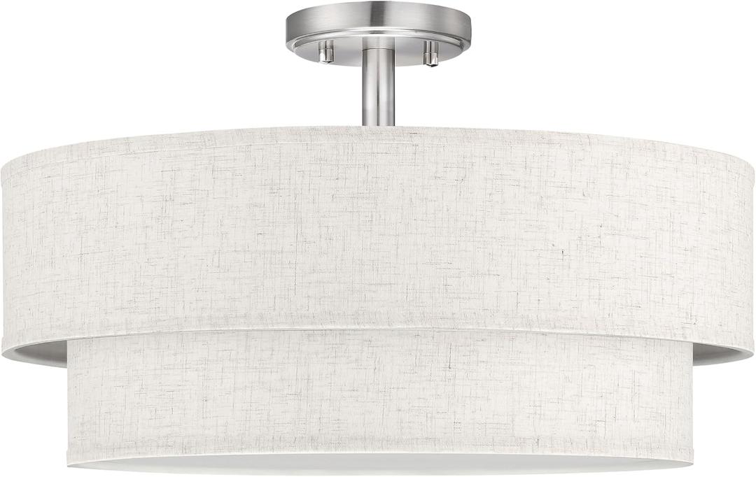 Doraimi Lighting 20 Inch LED 24W Adjustable 3000/4000/5000 Brushed Nickel Double Drum Linen Fabric Shade Semi Flush Mount Close to Ceiling Light Fixture for Bedroom,Living Room,Dining Room Hallway