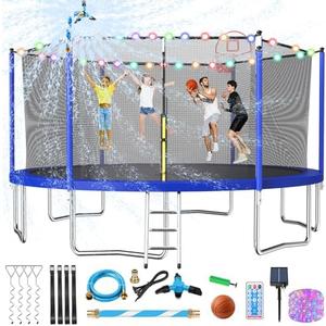 Lyromix Upgraded 14FT Trampoline for Kids and Adults, Large Outdoor Trampoline with Stakes, Light, Sprinkler, Backyard Trampoline with Basketball Hoop and Net, Capacity for 5-8 Kids and Adults