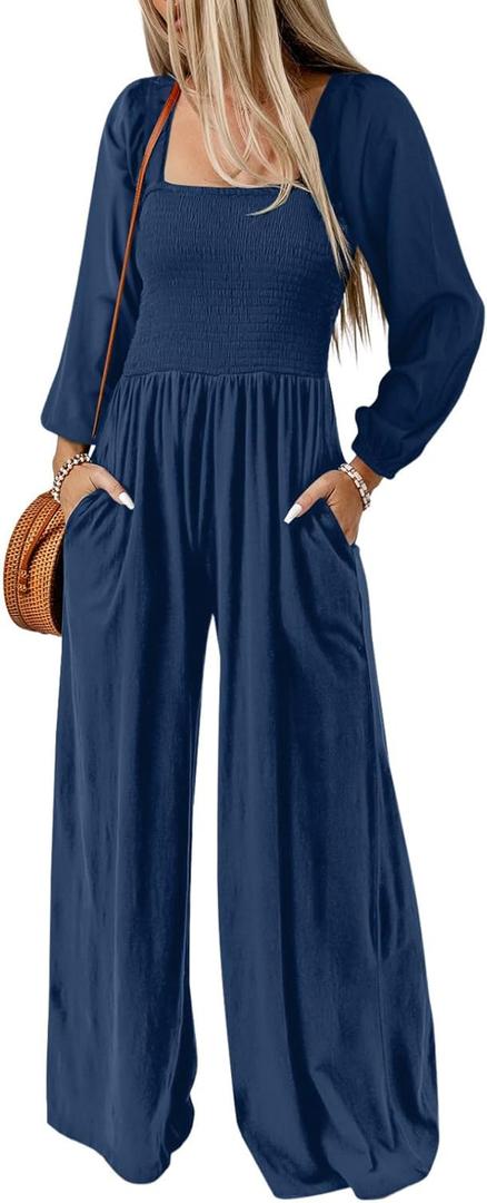 Happy Sailed Womens Jumpsuits Dressy Casual High Waisted Pockets Long Sleeve Rompers Beach Fashion Vacation Outfits for Women (X-Large, Blue)