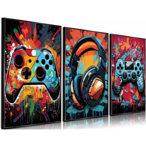 PPV 3Pcs Cool Gaming Wall Art Retro Video Gamer watercolor Posters Pictures Colorful Neon Gamepad Canvas Painting Prints for Boys Room Kids Gamer Room Bedroom for Boys Home Decoration