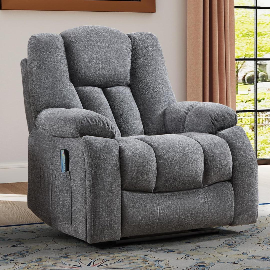 CANMOV Manual Reclining Chair-Overstuffed Recliner Chair with Cup Holder Side Pocket Footrest Fabric Recliners for Living Room Bedroom, Dark Grey (1)