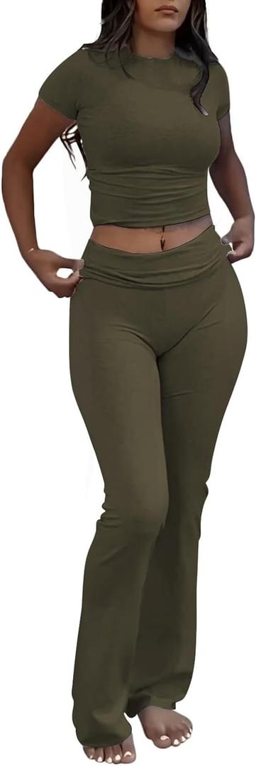ZFLM Casual Workout Two Piece Outfits for Women Short Sleeve Crop High Waist Foldover Flare Pants Tracksuit Sets Streetwear (X-Small, Mocha)