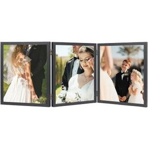 3 Picture Frame 8x10 Hinged Folding Vertical Stand for Tabletop Display, Wood Three Opening 8x10 Triple Photo Frame Collage with Shatter Resistant Plexiglass, Black