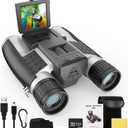 12x32 Large View Binoculars with Camera, FMC & BAK4 Prism Binoculars for Adults High Powered, 2" LCD Display 5MP 1080P Video Photo Recorder for Bird Watching Hunting, with 32GB Card, Silver