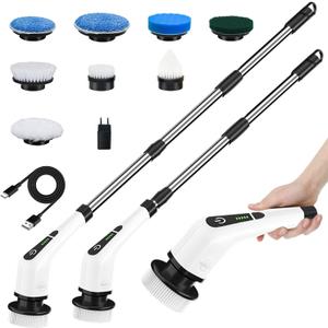 Leebein Electric Spin Scrubber, Cordless Cleaning Brush with 8 Replaceable Brush Heads, Tub and Floor Tile 360 Power Scrubber Dual Speed with Adjustable & Detachable Handle for Bathroom Kitchen Car (White)