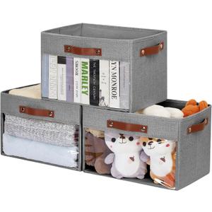 Large Storage Baskets with Clear Window, See Through Closet Organizer with PU Handles, Linen Foldable Storage Bins for Organizing Clothes, Toys, Books (Gray) (Large-14.9"x9.8"x9.8")