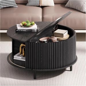 Round Coffee Table with Storage,31.5" Mid Century Modern Coffee Table with Hidden Compartment,Fluted Center Table for Living Room,Home Small Space,Black Round Coffee Table with Storage,31.5" Mid Century Modern Coffee Table with Hidden Compartment,Fluted Center Table for Living Room,Home Small Space,Black