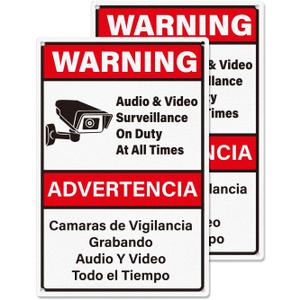 2 Pack Video Surveillance Signs Bilingual 12 8 Inches Rust Free Aluminum UV Protected Reflective Waterproof Sign with Pre-drilled Holes for Indoor Outdoor Use