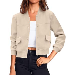 Tankaneo Womens Cropped Bomber Jackets Casual Button Down Long Sleeve Stand Collar Varsity Shacket Coats (Medium, Khaki)
