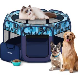 Dog Playpen, Pet Playpen, Portable Cat Playpen, Pop Up Foldable Puppy Playpen Exercise Kennel Tent with Carry Case Collapsible Bowl, Water -Resistant Shade Cover for Outdoor Indoor Travel (Large)