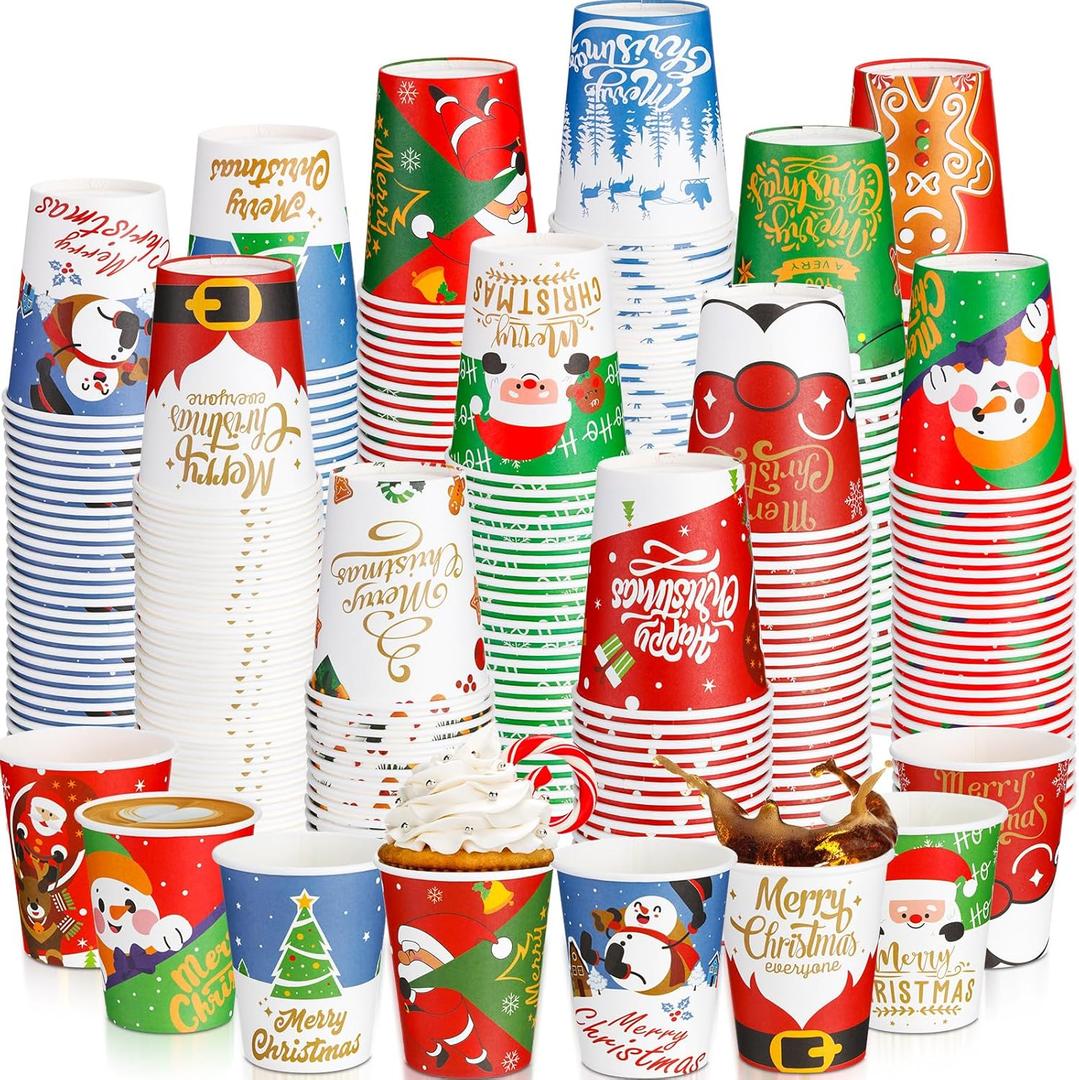 Sliner 120 Pcs Disposable Christmas Coffee Cups Xmas Party 9 oz Paper Cups Santa Elf Snowman Hot Tumbler Winter Holiday Cold and Hot Drink Tumbler for Coffee Tea Juice, Christmas Party Decoration