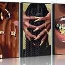 3 Pcs African American Woman Canvas Wall Art Fashion Bracelets Earrings Necklaces Gold Teeth Pictures Wall Decor Wine Trend Bar Cart Poster Print Artwork for Woman Bedroom Girl Room Home Decor