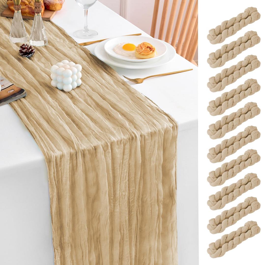 10 Pack Beige Table Runner 21x120 Inch Beige Cheesecloth Table Runner 10FT Rustic Boho Gauze Table Runners Long Cheese Cloth Table Runner Semi Sheer Runners for Wedding Bridal Baby Shower Party