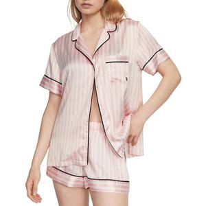 Victoria's Secret Satin Pajama Set, Short Sleeve Button Down & Shorts, Pajamas for Women, Pink Iconic Stripe, XXL (Pink, XXL)