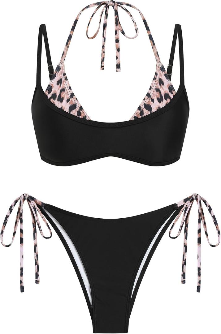 ZAFUL Women's Polka Dot Bikini Set Double Layer Halter Swimsuit Colorblock Side Tie 2 Piece Bathing Suit (Black, M)