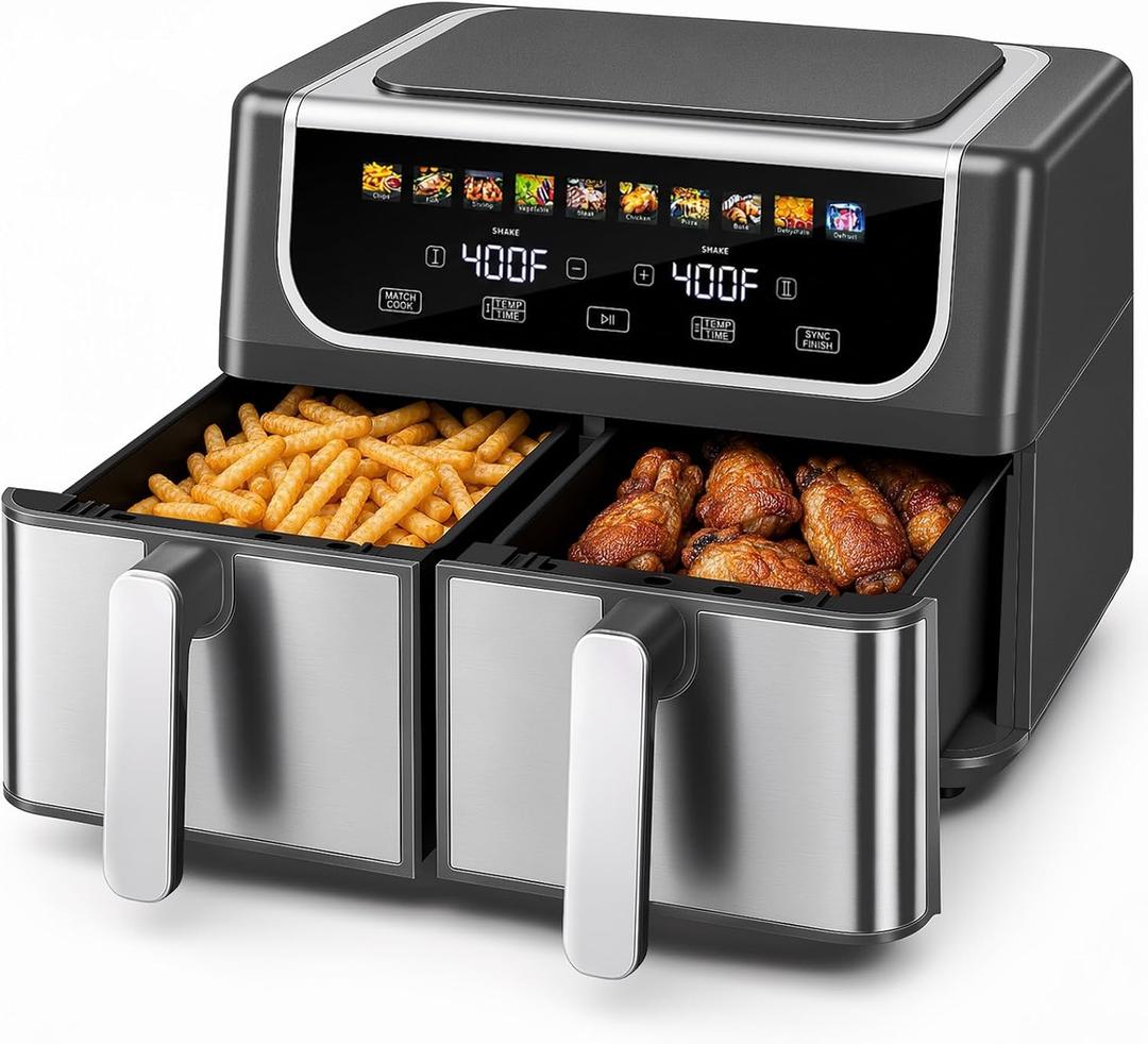 OLIXIS Dual Air Fryers with 2 Baskets 9.5 Quarts Large Airfryer 10-in-1, 9.5 QT