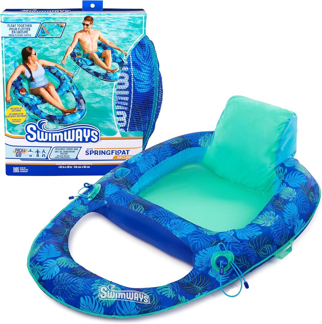 Swimways Elite Spring Float Recliner Pool Lounge Chair, Inflatable Pool Floats with Fast Inflation, Pool Recliner for Adults up to 250 lbs